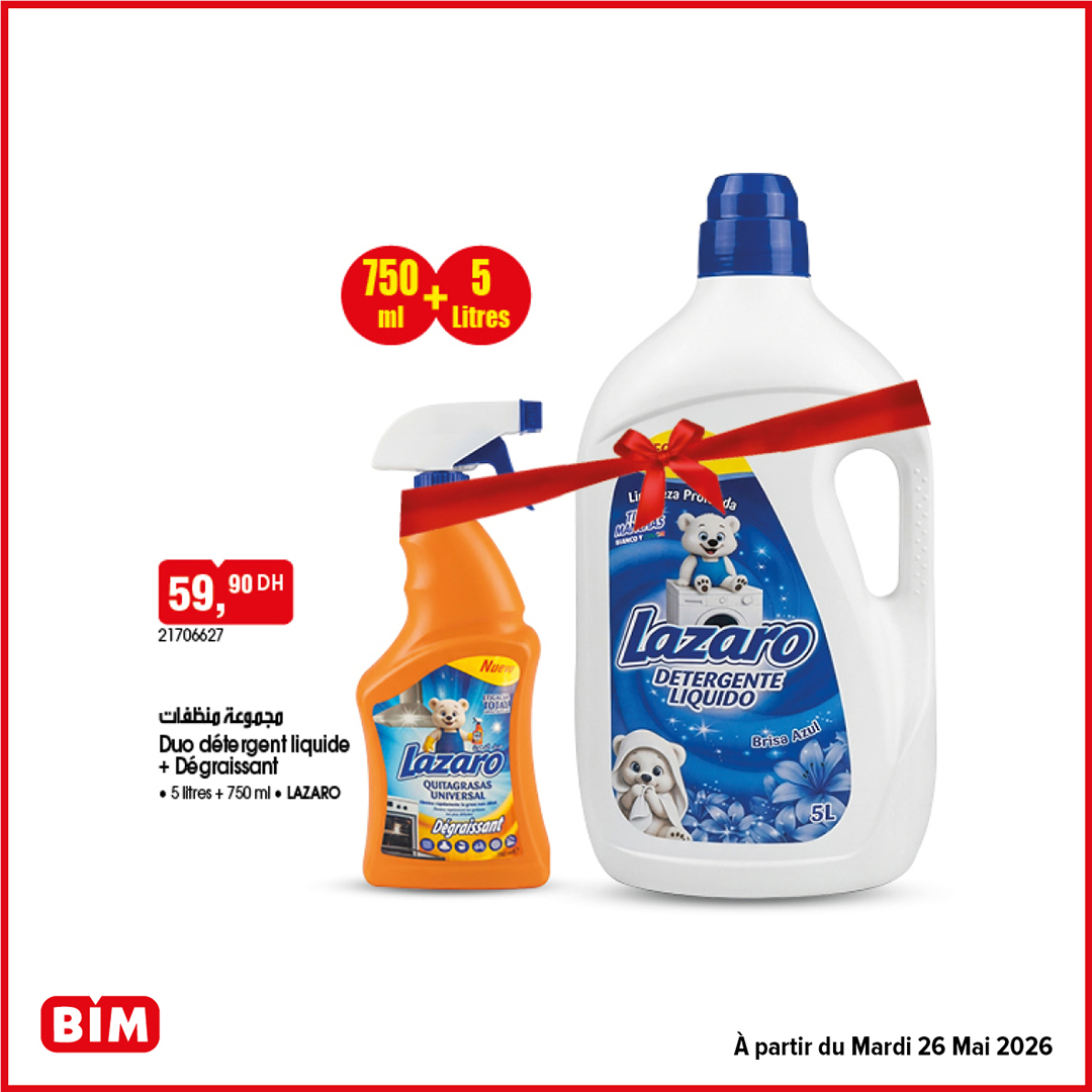 Duo détergent liquide Lazaro 5L + dégraissant 750ml BIM — 59,90 DH