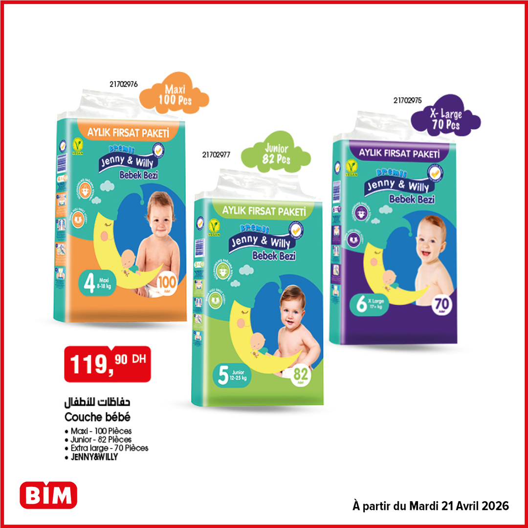 Couche Bébé Jenny & Willy Pack Mensuel BIM - Maxi/Junior/Extra Large