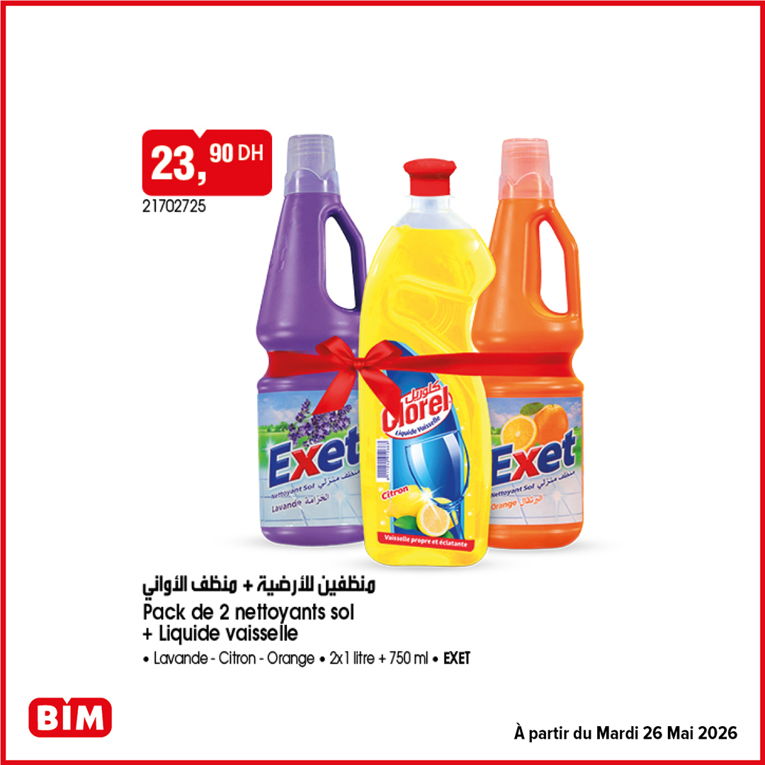 Pack nettoyants sol Exet 2x1L + liquide vaisselle 750ml BIM — 23,90 DH