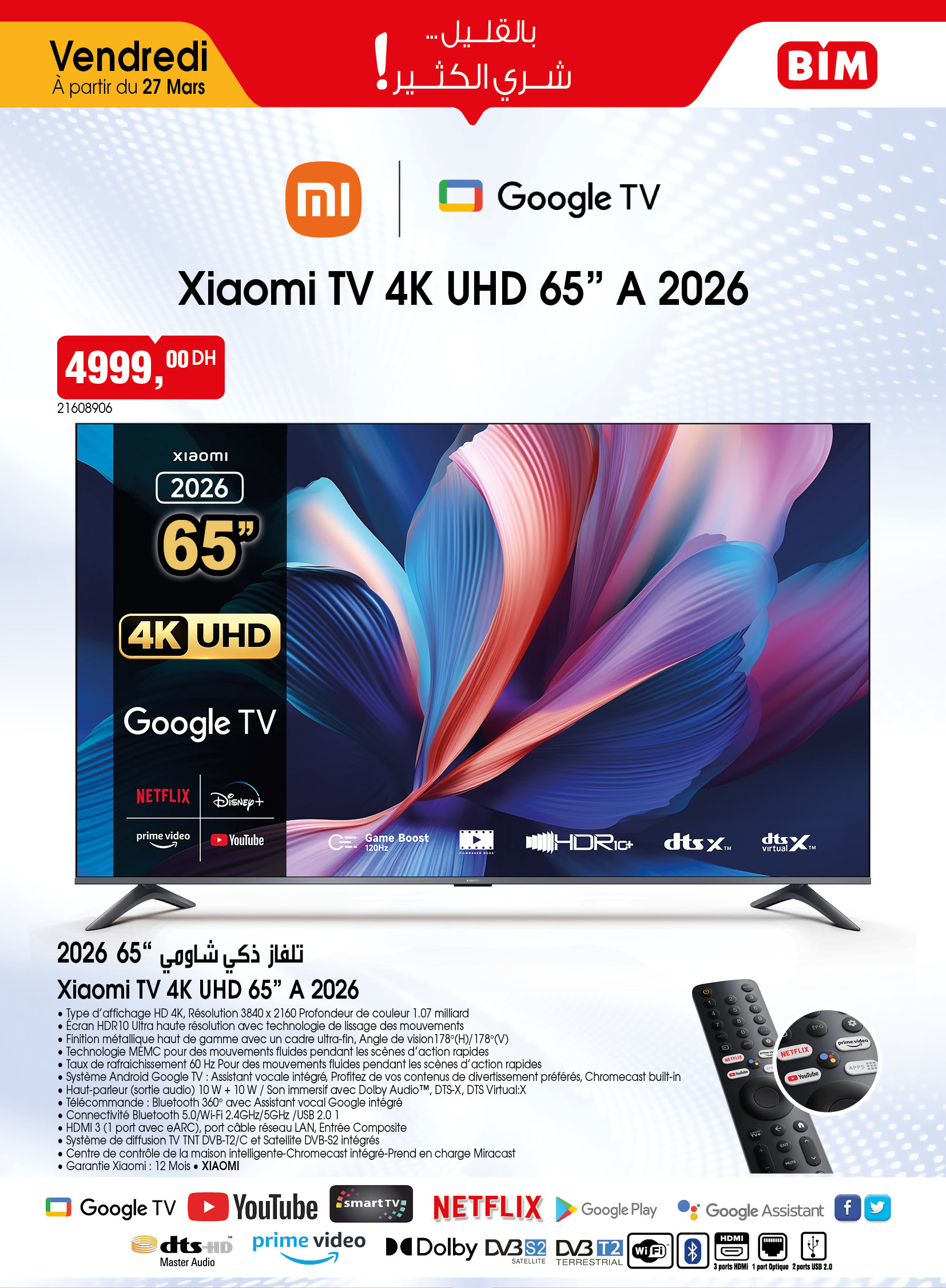 Xiaomi TV 4K UHD 65" A 2026 Google TV - BIM