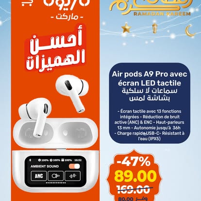Air pods A9 Pro avec écran LED tactile