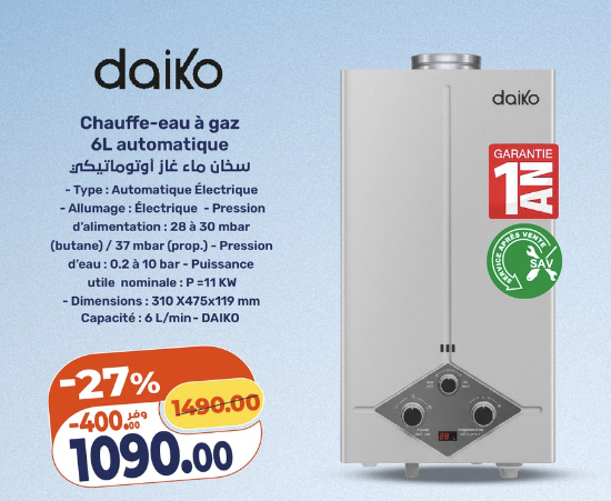 Chauffe-eau à gaz 6L automatique
